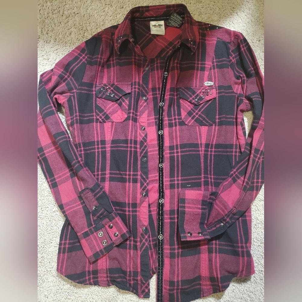 Harley Davidson Plaid Pearl Snap Embrodiered And Studded Shirt